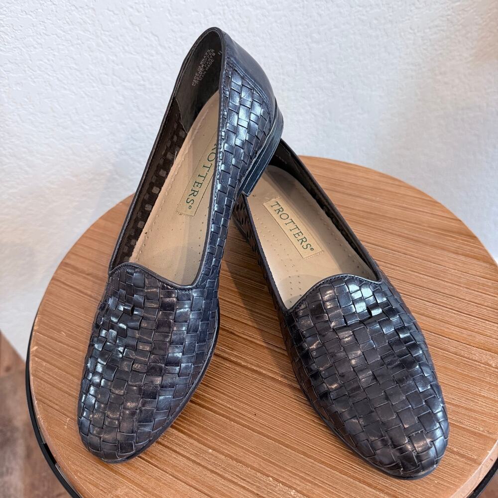 Trotters Black Woven Leather Flats Women’s 7.5N Basketweave Loafers Comfort
